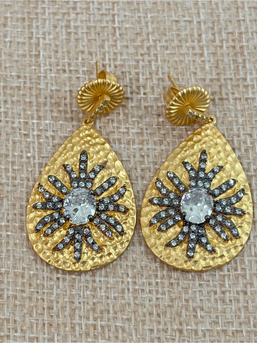 NWOT Freida Rothman Gold Teardrop Sunburst Crystal Drop Earrings